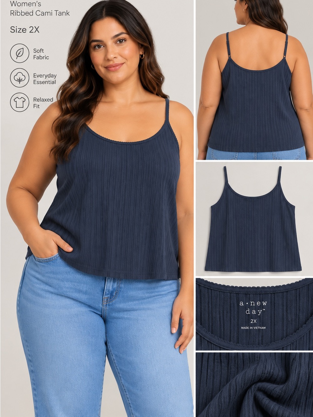 a new day Navy Ribbed Cami Tank with Adjustable Straps